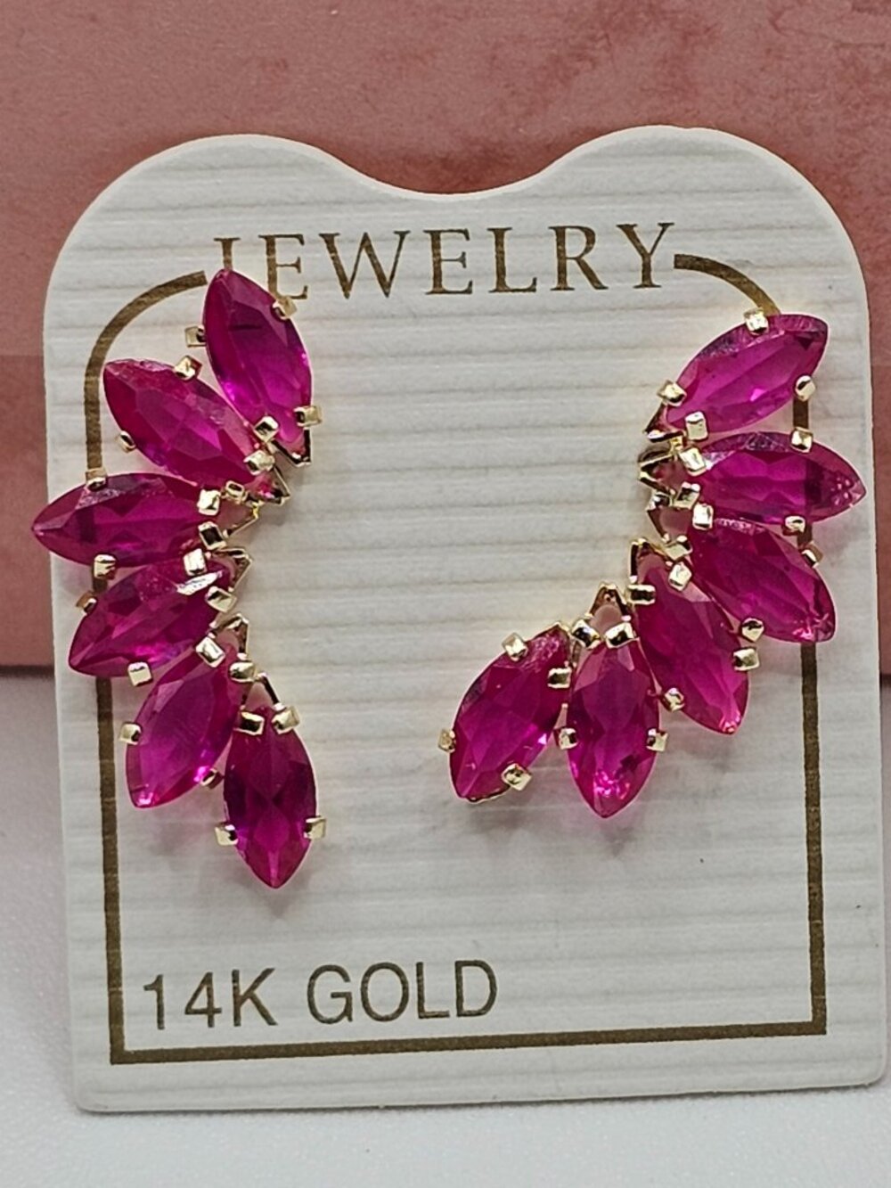 14KT Gold Hot Pink CZ Climbing Earrings Push Back
